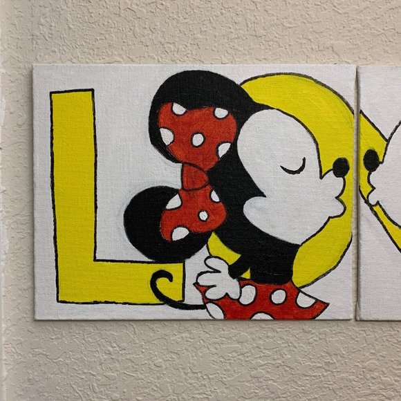 Disney LOVE Mickey & Minnie Hand Painted 2 Acrylic Painting Canvas Wall Art - Picture 2 of 4